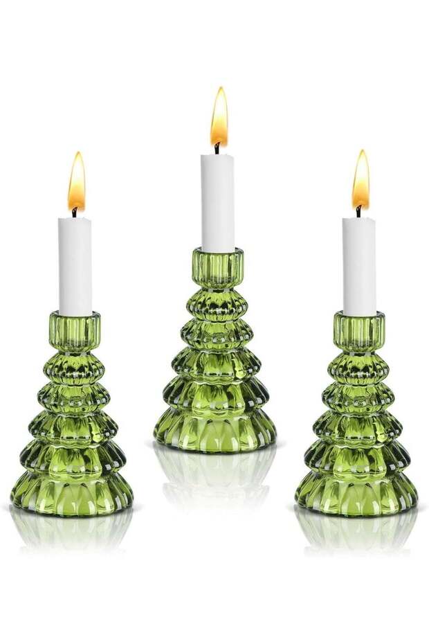 Christmas Tree Candle Holders: Set of 3 Glass Candlestick Holders Green Candle Sticks Holder Modern