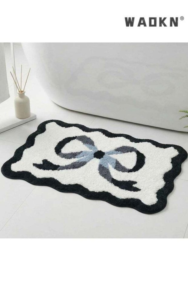 Black Bow Bath Mat, Scalloped Bath Rug for bathroom, Cute black Bathroom Rug, Non Slip Absorbent Wa