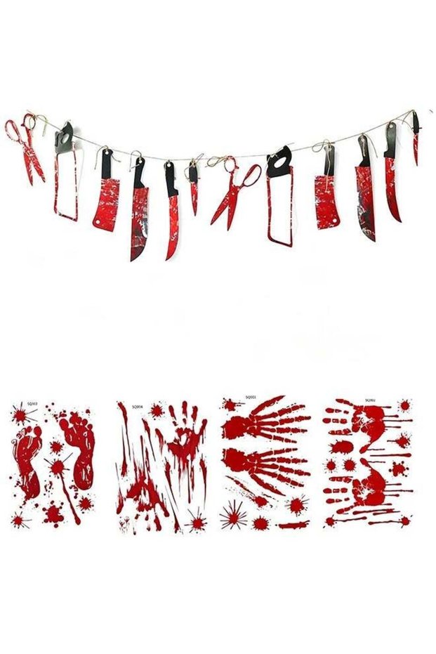 Halloween Horror Party Decorations Kit,Bloody Weapon Banner Garland + Bloody Handprint Footprint Wi