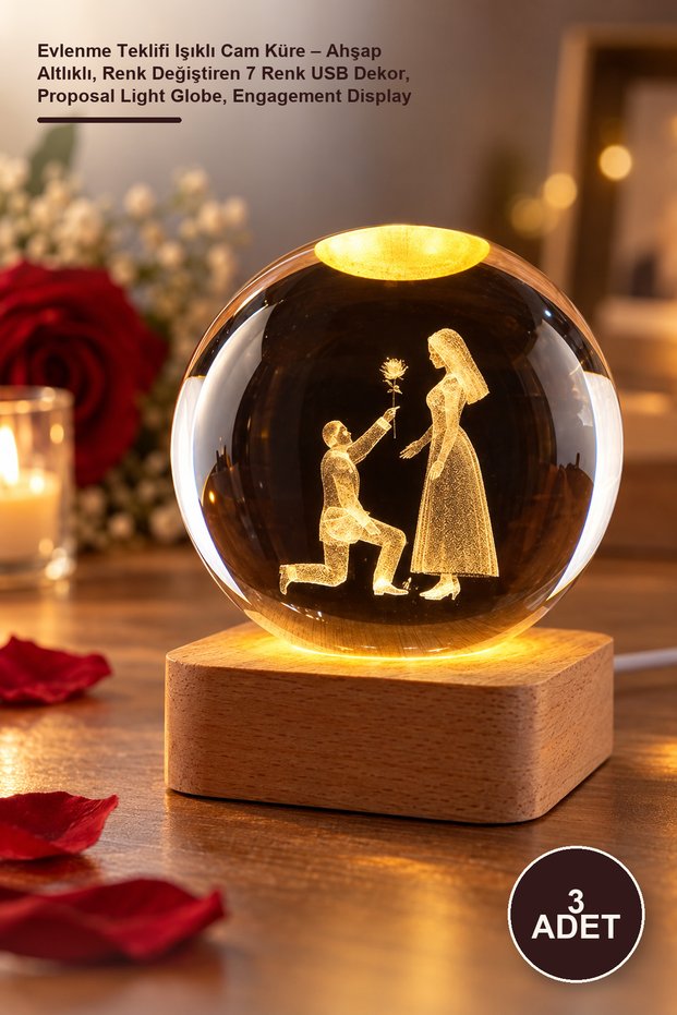 3 Pieces of Marriage Proposal Lighted Glass Globe – Color Changing 7 Colors USB Decor with Wooden Base, Proposal Light Globe, Engagement Display