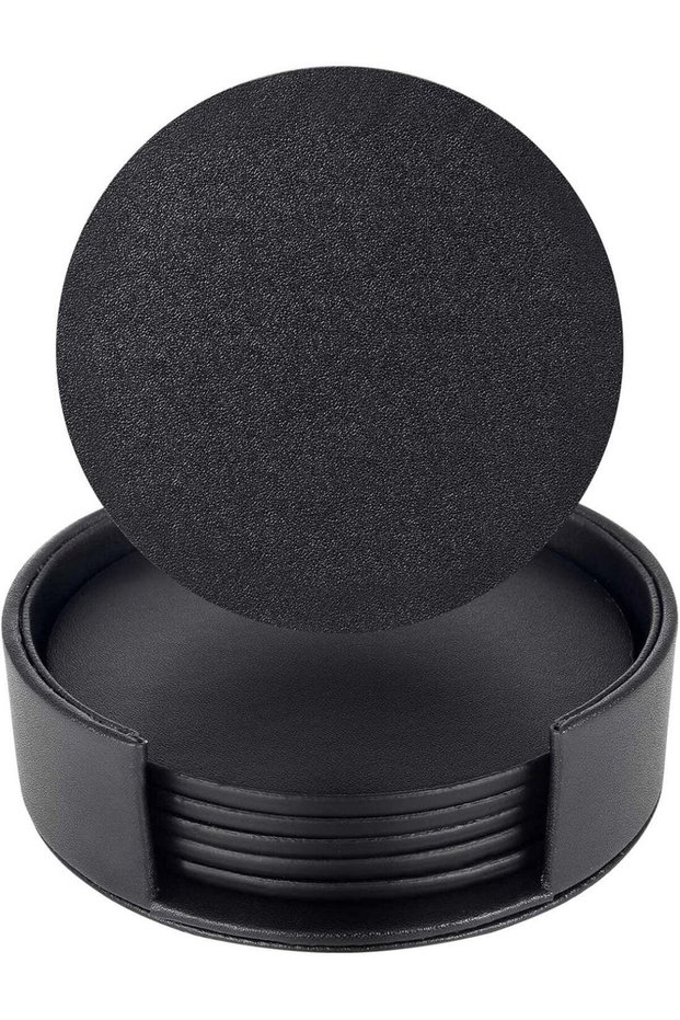 Coasters for Drinks with Holder Black Round Coasters Set PU Leather Cup Mats for Coffee Beer Tea Mu