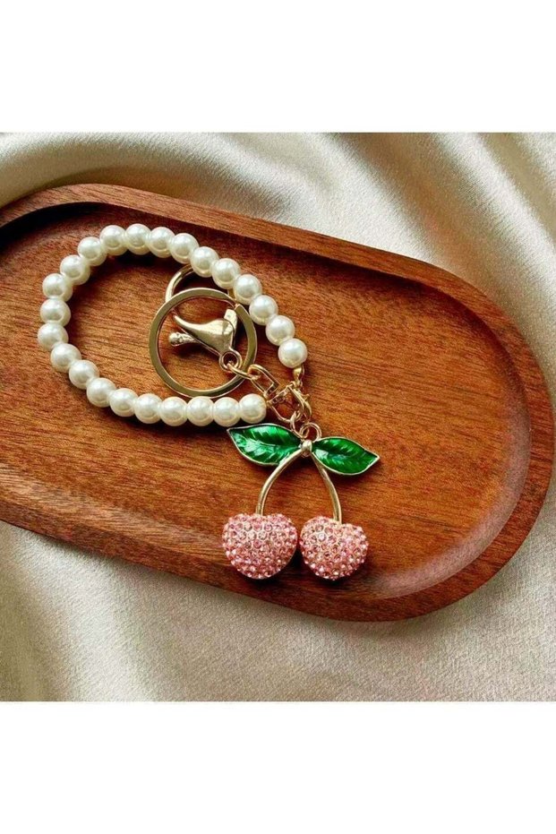 Mini Creative Cherry Keychain, Sparkling Small Cherry Bag Charm with Beaded Wrist Strap, Women’s Fa