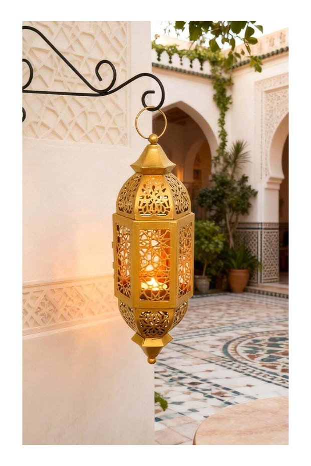 Ramadan Metal Candle Lantern – Moroccan Iron Hanging Candle Holder with Intricate Openwork Design,