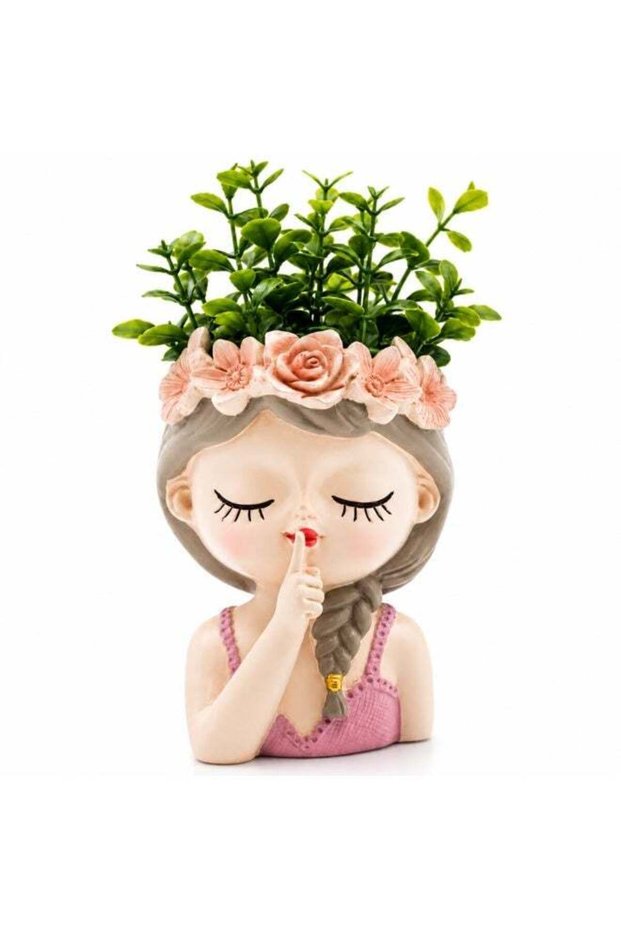 Little Fairy Girl Flower Pot Shhh Pink Polyresin Succulent Planter Cute Face Flower Pot Decorative