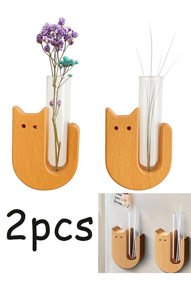 2Pcs Mini Vase Fridge Magnets Cute Cat Shape Magnetic Holder Fresh Flower Herb Makeup Brush Storage