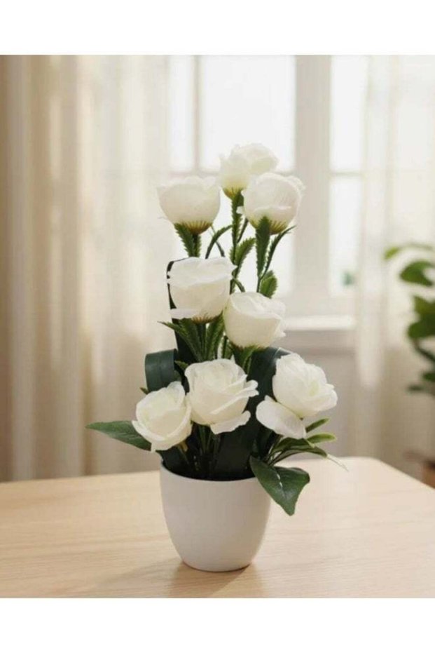 AKDC Artificial White Rose - Plastic with Pot, Pure and Classic Design for Wedding or Everyday Deco