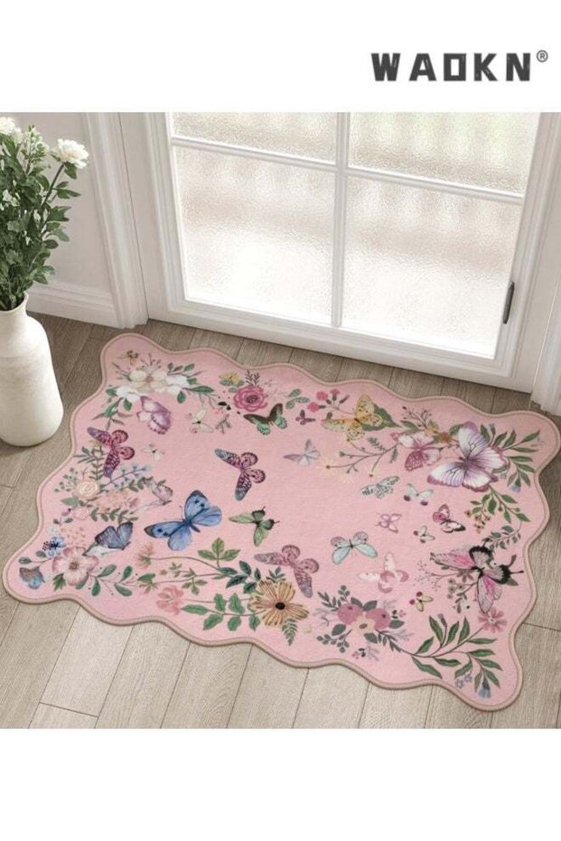 Washable Scalloped Butterfly Entryway Rug, Non-Slip Boho Indoor Door Mat Ultra Thin Soft Small Kitc