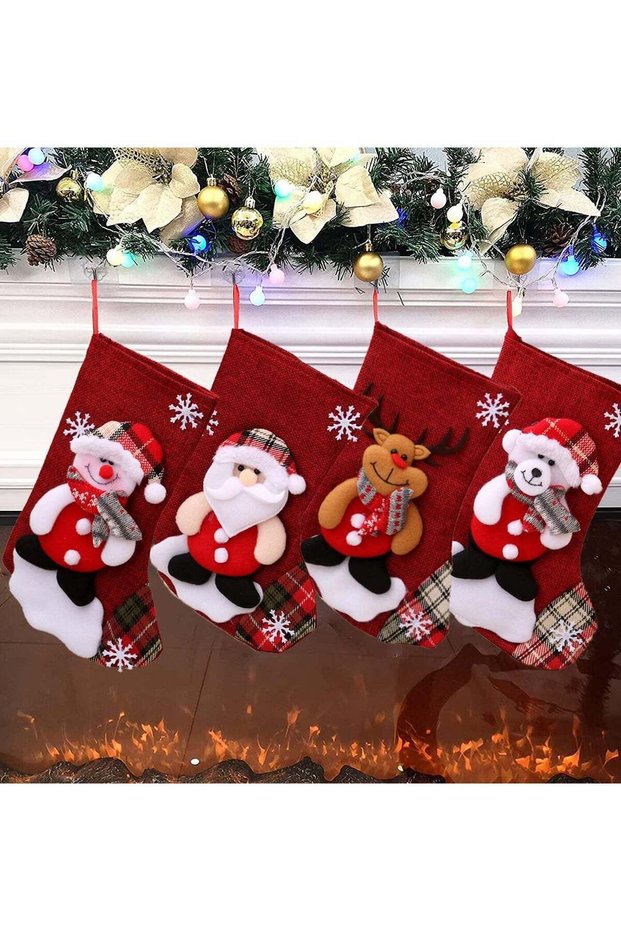 4pcs Christmas Stocking,classic large stockings Santa, Snowman, Reindeer,Bear,Christmas Hanging Soc