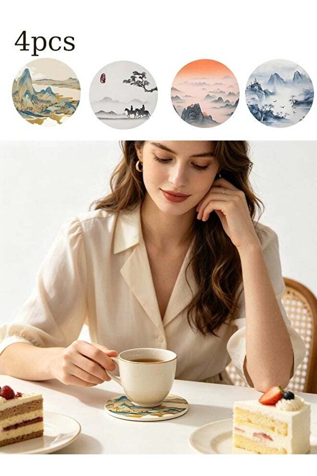 4 PCS Landscape Painting Drink Coasters , Round for Coffee Table Decor