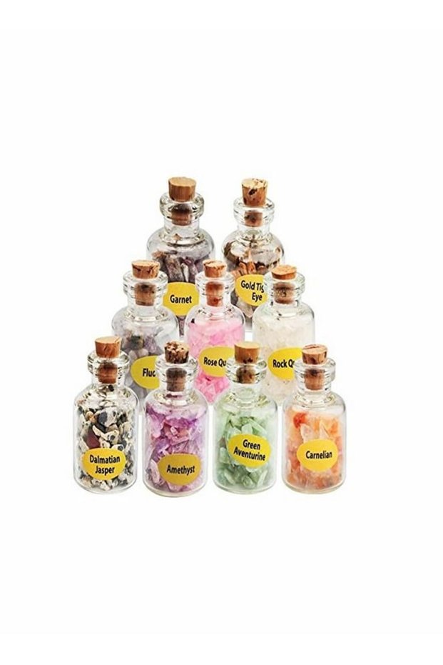 Mini Glass Wishing Bottle Crystal Chips Chakra Healing Reiki Stone Set (9 Mini Bottles)