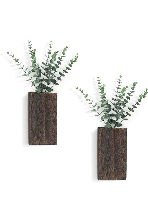 2 Pack Wood Wall Planter, Wall Hanging Decor Pocket Planter, Vase with Artificial Eucalyptus, for I