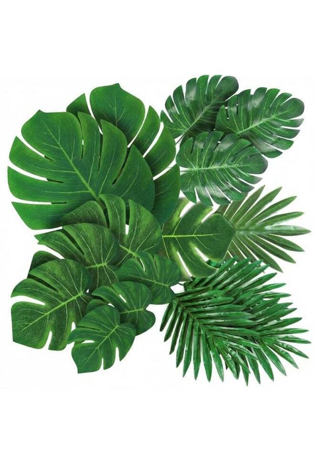 20Pcs Artificial Tropical Palm Leaves, 5 Size Fake Monstera Leaves With Stems For Jungle Safari Haw