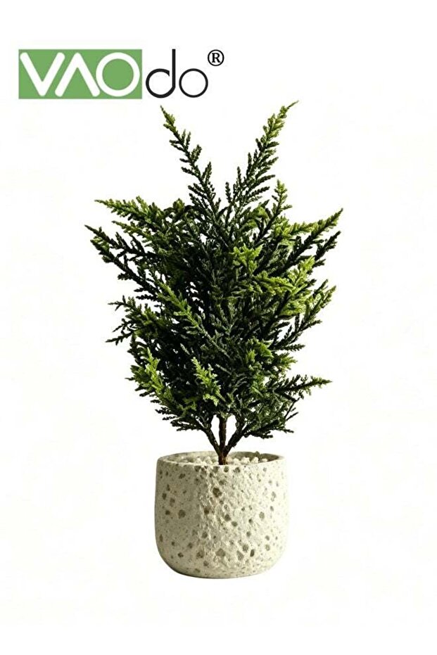 Artificial Fake Pine Cypress Plants with White Pot, Maintenance Free Faux Potted Greenery, for Home