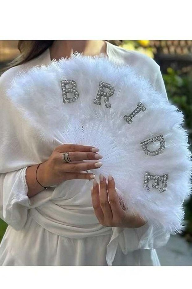 Bridal Decoration – White Feather Hand Fan with "BRIDE" Lettering Design, Size (22×34) cm – Perfect