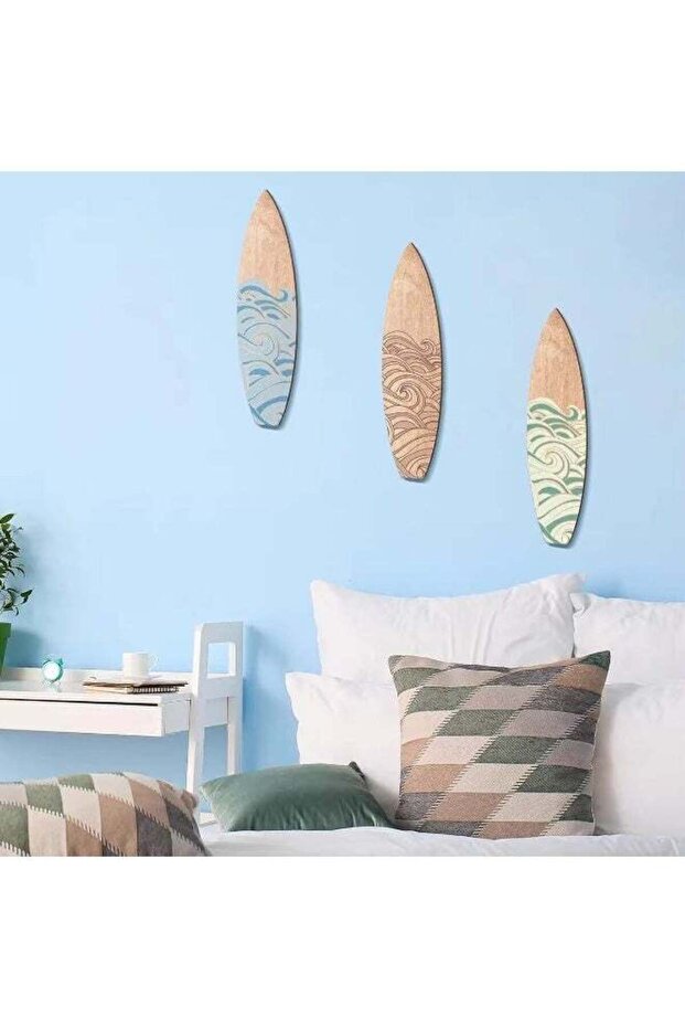 Three-piece wooden surfboard beach decor set, suitable for bedrooms, living rooms, and other spaces