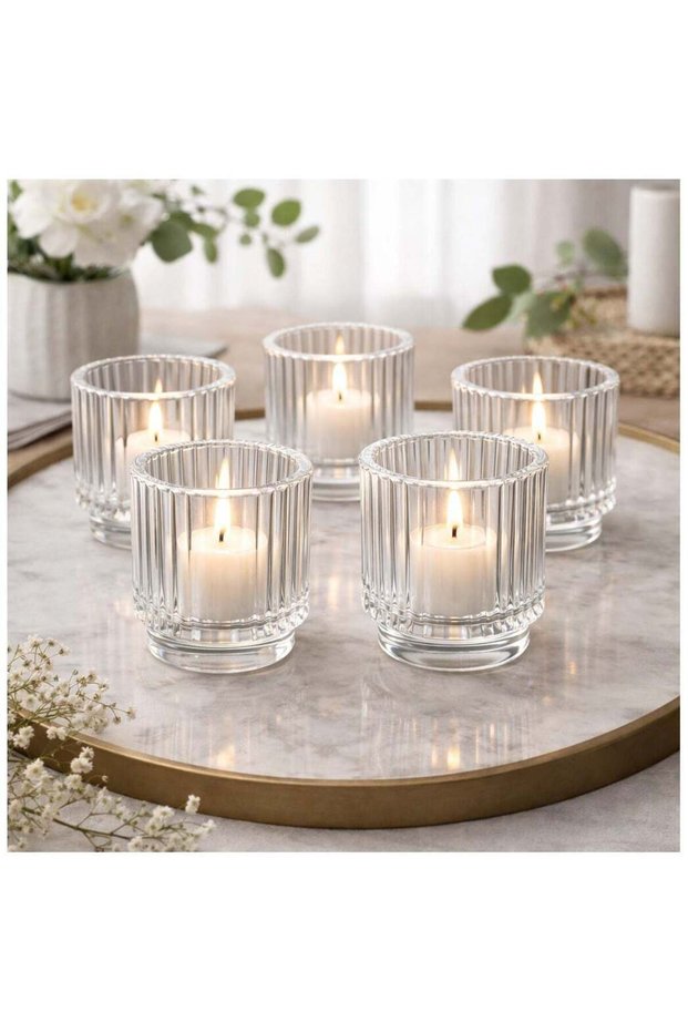 6Pack Glass Votive Candle Holders, Fluted Tealight Candle Holders with Pedestal Base Decorative Can