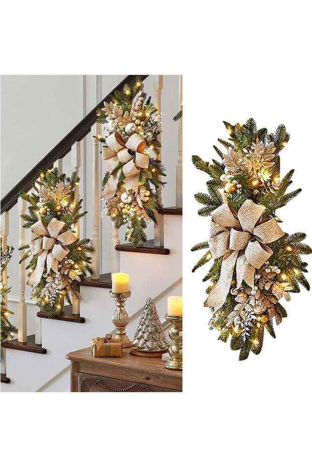 Christmas Stairway Artificial Swag, 24" Christmas Wreaths with LED Light, Xmas Door Pendant Prelit