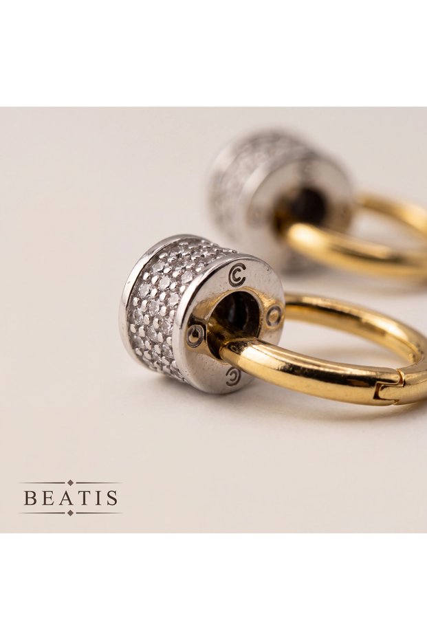 Women's Gold Covered Hoop Earrings with Zircon Stone Silver Color Cylinder Detailed Two-Tone Stylish Earrings
