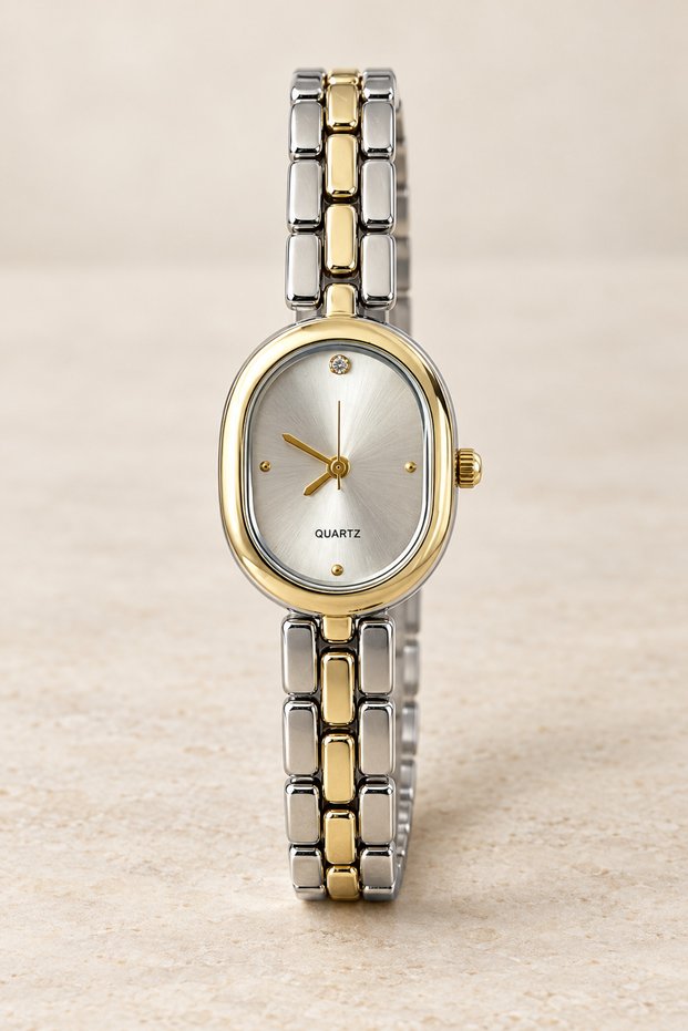Gold and Silver Color Two-Tone Women's Wristwatch – Oval Case, Silver Dial, and Elegant Bracelet Band