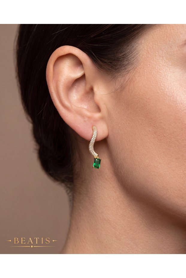 Gold Color Zircon and Green Rectangular Stone Women's Earrings
