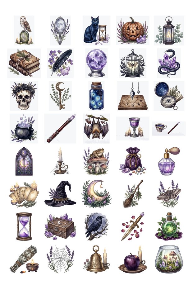 Halloween Witch Themed Watercolor Sticker Set 40 Pieces Agenda Scrapbook Journal Planner Stickers