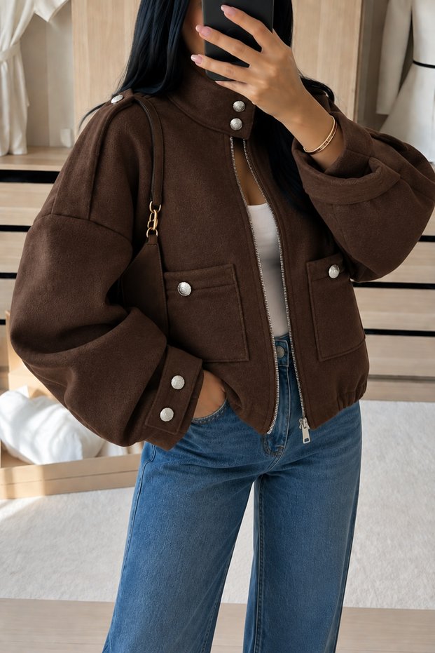 Women's Oversize Stand Collar Bomber Coat with Zipper Pockets