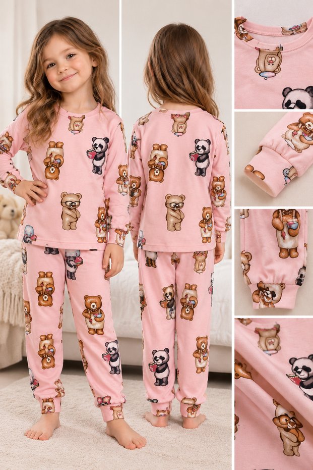 Girls' Long-Sleeved Panda Patterned Pajama Set