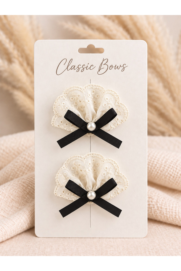 2-Piece Cream Scallop Lace Black Bow Pearl Detailed Hair Clips for Women and Children