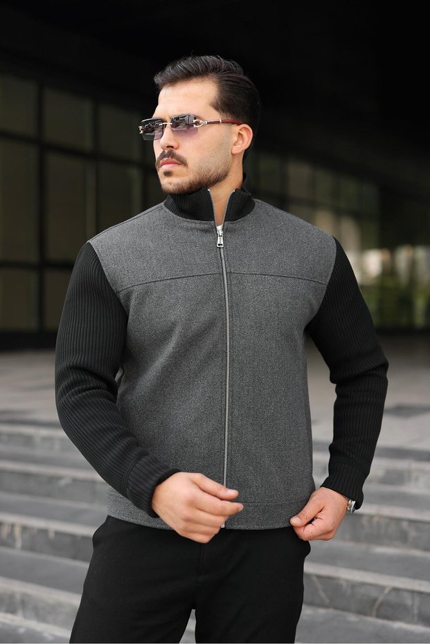 Men's Stand Collar Cashmere Coat with Knitwear Sleeves and Zipper, Gray Black