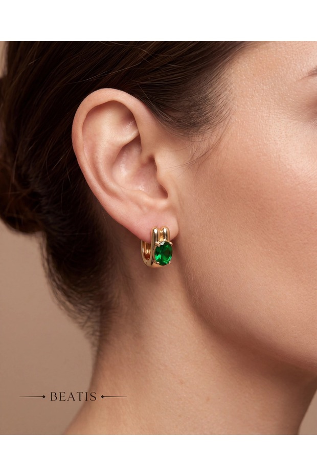 Gold Color Double Strip Design Green Oval Stone Women's Earrings