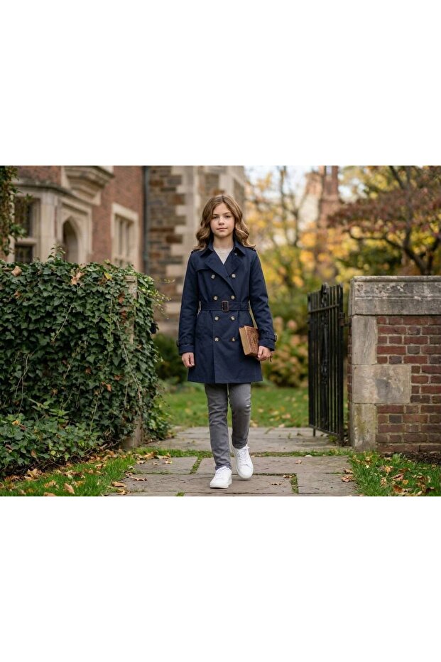 Unisex Children's Double-Breasted Belted Waterproof Trench Coat Raincoat