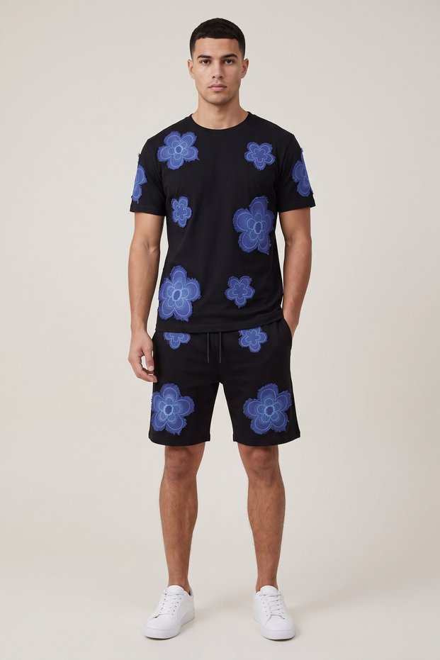 Men's Shorts T-Shirt Set Blue Floral Printed 100% Cotton Summer Bottom Top Set - Black