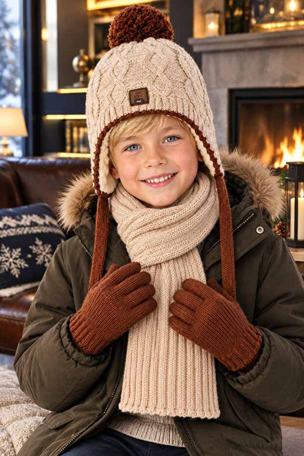 Lux 4-8 Years Old Children's 3-Piece Winter Set: Pompom Beanie, Scarf and Gloves Premium