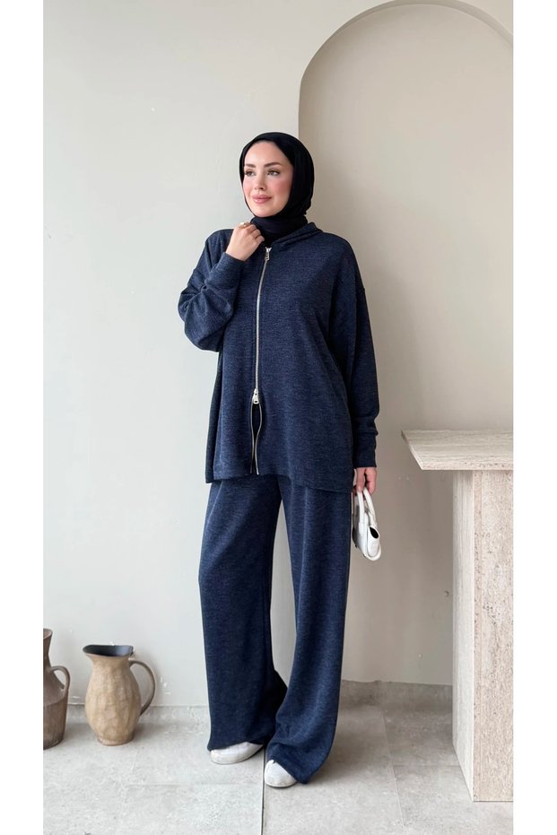 Women's Hooded Zipper Detailed Knitted Sweater Set - Navy Blue