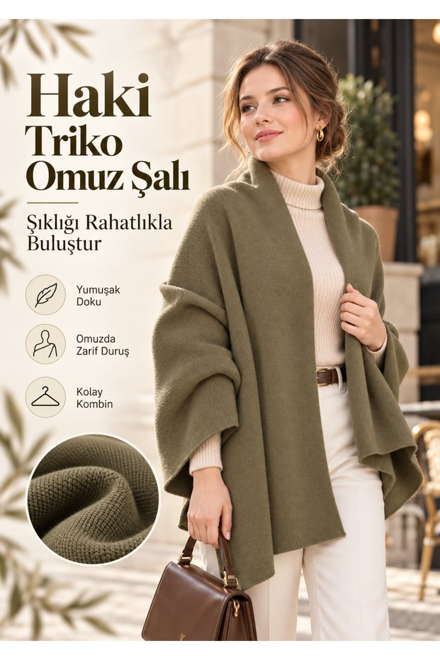 Khaki Plain Knitwear Women's Shoulder Shawl Soft Textured Winter Shawl 70X175 cm 100% Acrylic