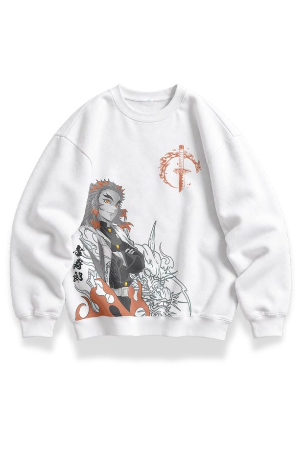 Unisex Oversize Demon Slayer Kyojuro Rengoku Printed Anime Themed Hoodless Sweatshirt
