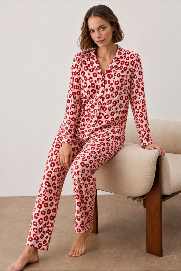Night Red Women's Shirt Collar Long Sleeve Pajama Set
