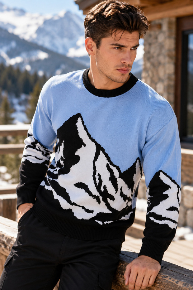 Men's Blue Mountain Patterned Crew Neck Long Sleeve Knit Sweater