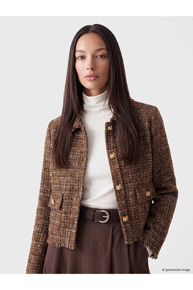 Two Mt Shop Quality Lcw Studio Brown Tweed Plaid Standard & Regular Women's Jacket