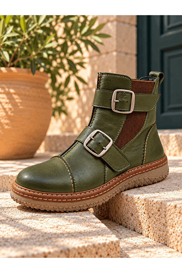 Genuine Leather Double Buckle Detailed Boots Model Name: Durga