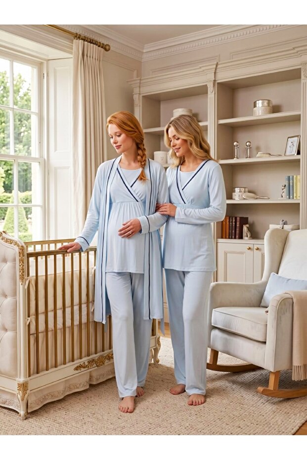 New Season Blue Double-Breasted Collared Breastfeeding Compatible Design Long Sleeve 100% Cotton Maternity Nightgown Set