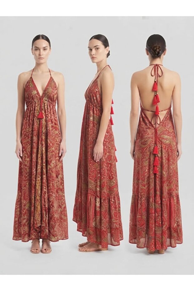 Women's Indian Ethnic Authentic Gilded Detailed Strap Silk Dress