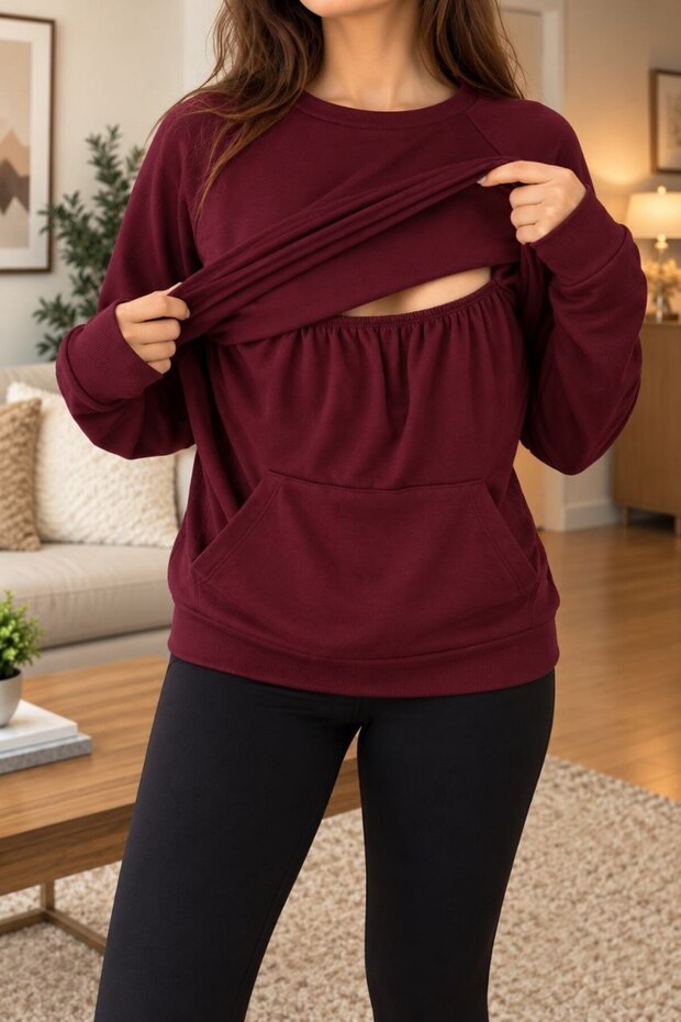 Women's Crew Neck Breastfeeding Sweatshirt - Long Sleeve Maternity Sweatshirt with Breastfeeding Feature