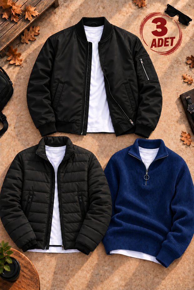 Men's 3-Piece Winter Combination Set – Quilted Lined Double-Pocket Puffer Jacket + Zippered Lined Bomber Jacket + Thessaloniki Knit Stand Collar Half-Zip Knit Sweater