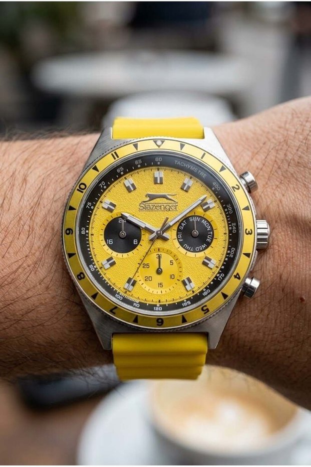 Sporty Yellow Men's Wristwatch | 44 mm Steel Case, Silicone Band