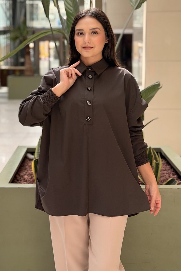 Crochet Knitwear Half-Patched Gipeli Oversize Shirt