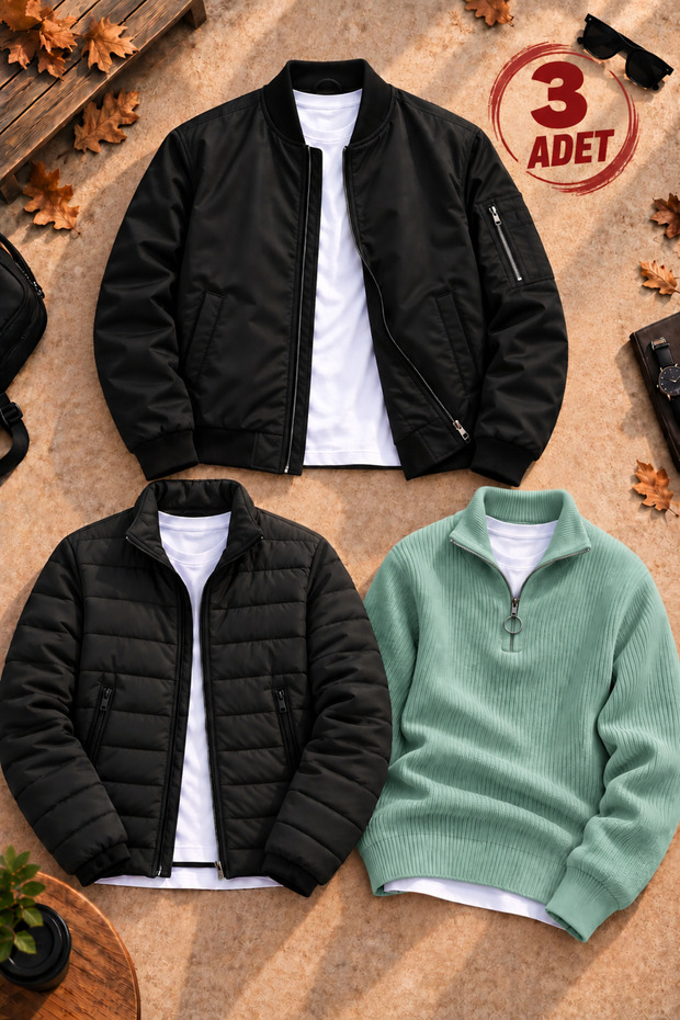 Men's 3-Piece Winter Combination Set – Quilted Lined Double-Pocket Puffer Jacket + Zippered Lined Bomber Jacket + Thessaloniki Knit Stand Collar Half-Zip Knit Sweater