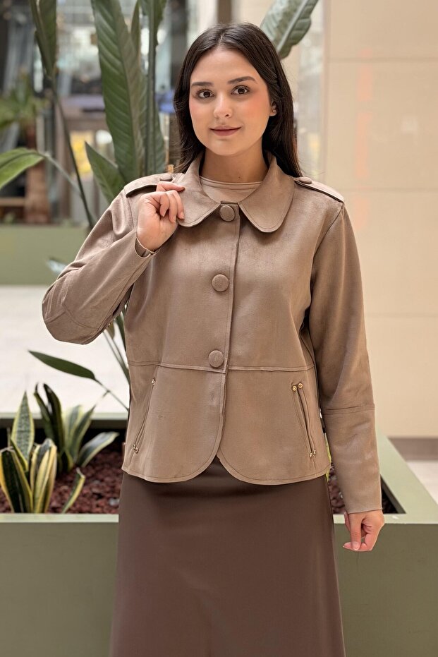 Short Suede Jacket with Beaded Pockets