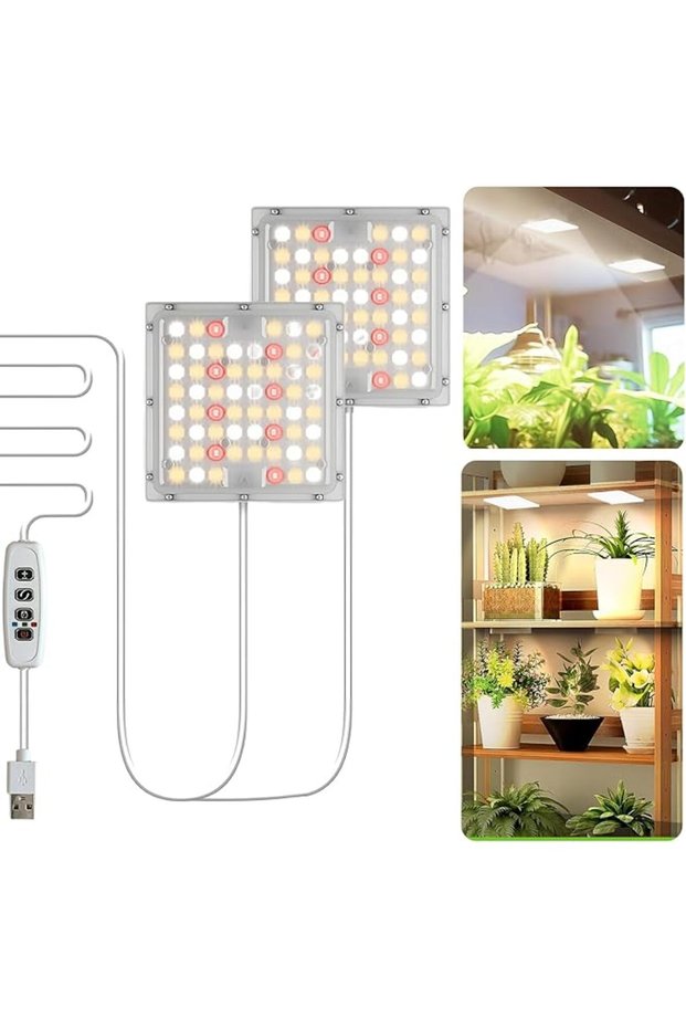 مصباح نمو النباتات ثنائي الرأس بتقنية LED كامل الطيف، مصباح سقف مربع مقاوم للماء مع مؤقت ووظيفة D