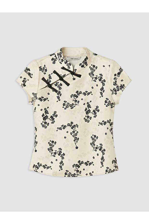 Rmz Gi̇yi̇m Farkiyla Dik Roba Collar Decorated Buttoned Floral Blouse